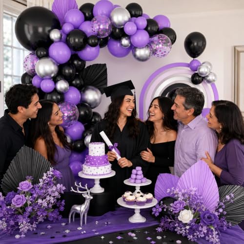 Image of Black Purple Balloons Arch Kit,BTZO Metallic Silver Purple Confetti Balloon for Birthday Wedding Bridal Shower Graduations Party Decorations