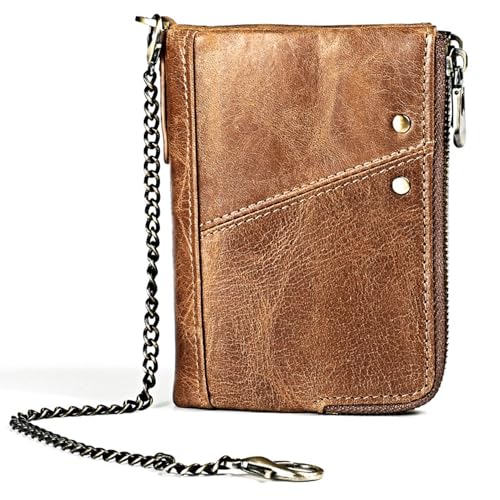 small womens wallet Leathear Chain Compact Card Holder Zipper Pocket Wallet RFID Blocking Card Case Purse with ID Window(brown5)