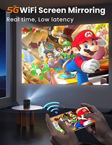 FATORK Mini Projector with 5G WiFi,1080P HD Small Projector Short Throw with Tripod, Outdoor Projector for Phone, Rechargeable Portable Projector, Compatible with iOS/Android/TV Stick/HDMI/USB 2.0