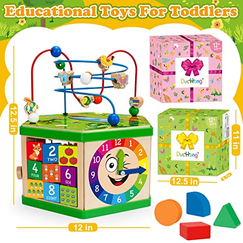 Image of Wooden Activity Cube for 12-18 Month, 1 Year old Boys & Girls, 7-in-1 STEM Montessori Early Developmental Learning Toys for Kids Aged 1-2, Ideal 1st Birthday Gift Toys for Baby, Toddlers (Pink)