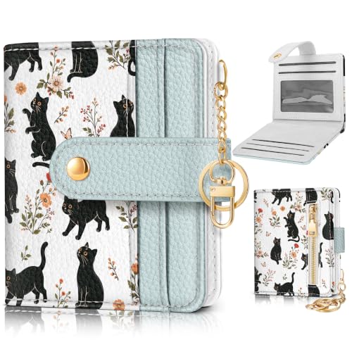 Image of Bistup Small Card Wallet for Women with Keychain, Cat Pattern | durable material, clear ID window,, compact design for daily carry, sturdy keychain, aesthetic