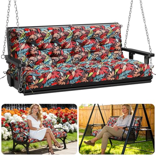 Image of Porch Swing Cushions Outdoor 48 inch x 40 Waterproof Swing Cushions 3 Seater Replacement with Backrest & 8 Ties 5 inch Thick Bench Swing Cushions for Outdoor Furniture Patio(Leaf Print)