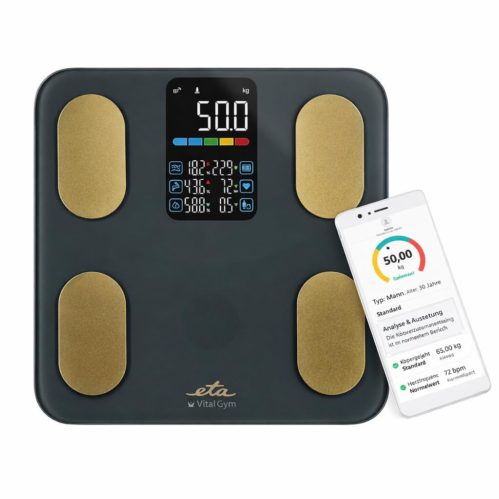 ETA Vital Gym Smart - Bilancia pesapersone intelligente, analisi diagnostica corporea, fino a 200 kg, grasso corporeo, massa muscolare, massa ossea e analisi dell'acqua, app Bluetooth, 10 utenti