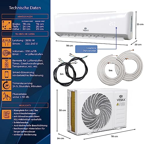 Klimaanlage Set Split - mit WiFi/App Funktion Klimagerät - Kühlen A++/ Heizen A+ 12000 BTU/h (3.500 Watt) Kältemittel R32 - Fernbedienung, Timerfunktion - inkl. Montagematerial (VSK-12000BTU) – Bild 3