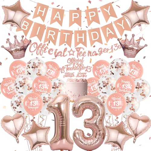 13 Geburtstag Luftballons Deko RoséGold - 49 Stück Deko 13. Geburtstag MäDchen Teenager mit Tortendeko, Luftballon, Happy Birthday Girlande, Offizielle Teenager Geburtstagsdeko für MäDchen und Jungen