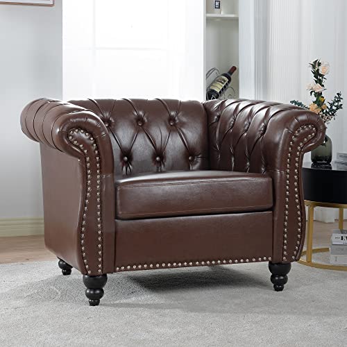 Image of LEVNARY Leather Chesterfield Chair, Mid-Century Modern Single Sofa Chair, Tufted Upholstered Rolled Armchair for Home Bedroom Reading Room (Dark Brown)