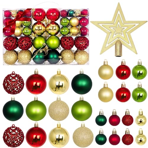 La Mejor Recopilación de Esferas los mejores 10. 45 PLYSDI Esferas Navideñas 101PCS, Adornos Navideños, Decoraciones Navideñas de Esferas de Navidad Inastillables para Colgar, 3-6cm, 3 Colores -Rojo, Oro y Verde con Estrellas de...