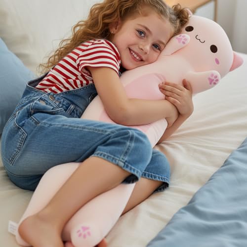 Image of Long Cat Plush Toy - Ultra Soft Cat Plush Pillow Stuffed Animal for Kids & Adults, Kawaii Kitty Body Pillow, Cute Plushie Gift for Kids Girlfriend (Pink, Round Eyes, 110cm /43.31inch)