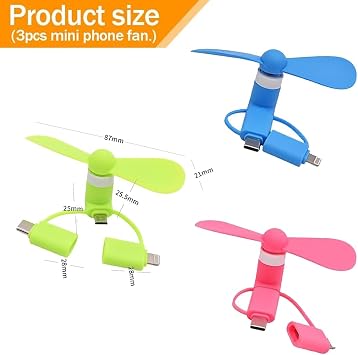 3PCS Mini Mobile Phone Fans, 3 In 1 Portable Usb Mini Fan For Android Phone/Usb Phone Type-C And More, Pocket Fan (Pink Green Blue)