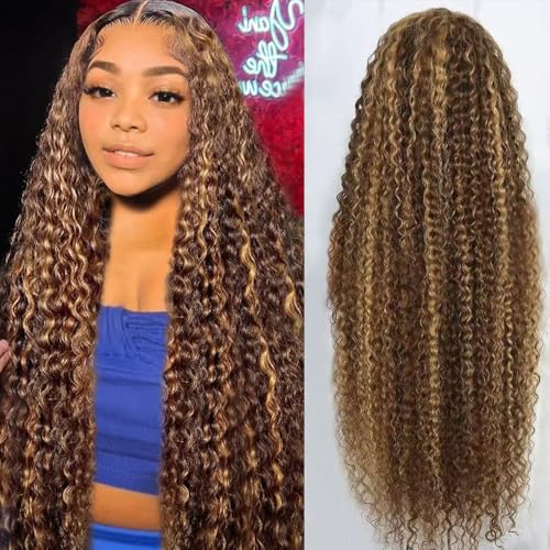 Image of 30inch Highlight Ombre Lace Front Wig Human Hair 13x6 HD Honey Blonde 4 /27 Deep Wave Lace Frontal Wigs Glueless Wigs Human Hair (4 /27 Honey Blonde, 28INCH)