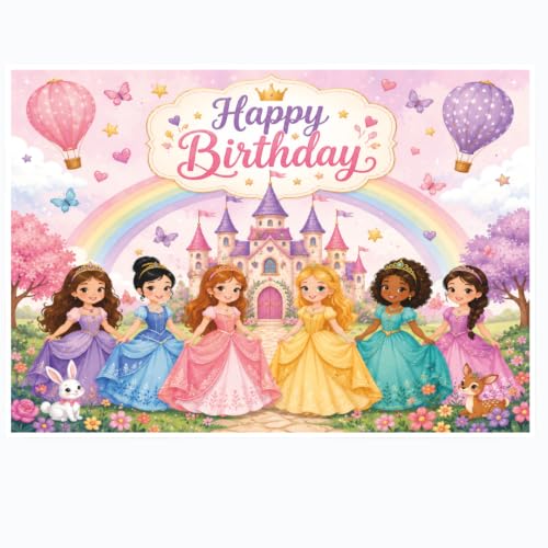 Image of Princess Theme Birthday Backdrop | Royal Castle Happy Birthday Banner | Fairytale Party Decoration | Girls Photo Booth Background (Pack of 1, Size: 5x4 Feet)