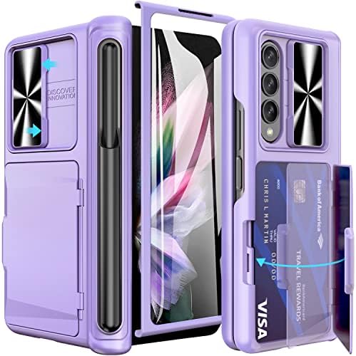 Vihibii for Galaxy Z Fold 3 Case with Card Holder & S Pen Holder, Sliding Camera Cover & Hinge Protaction & Kickstand & Screen Protector, Multifunction Case for Samsung Galaxy Z Fold 3 2021 (Purple)