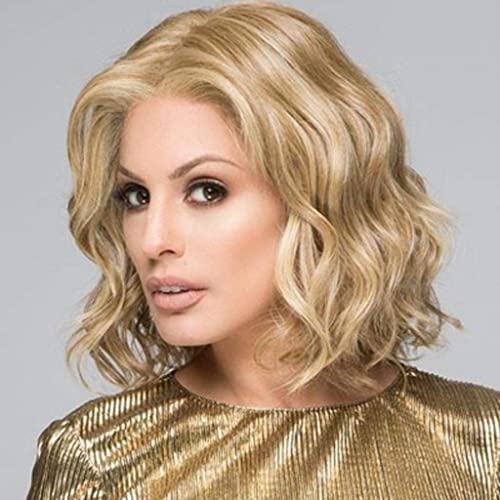 Swiking Short Curly Blonde Wigs for White Women Shoulder Length Middle Part Synthetic Fiber Hair Heat Resistant Replacement Full Wig