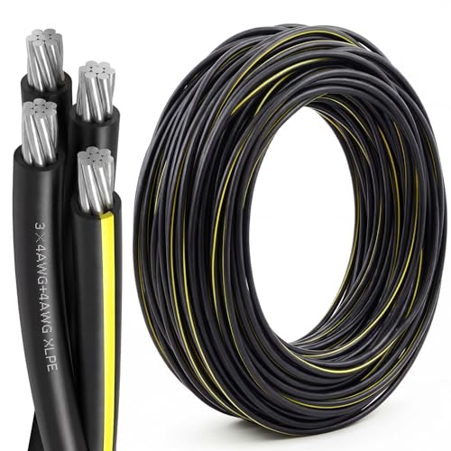 BreezeHug 100Ft 4-4-4-4 Quadruplex Aluminum Conductor Underground Direct Burial URD Cable 600V, XLPE Insulation, Underground Wire for Outdoor Direct Burial, Pipeline Laying