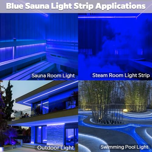 Image of SuperLightingLED 24 Volt Blue LED Strip Sauna Light, Heat-Tolerant Flexible Dimmable Cuttable 5m /16.4ft 600 LEDs High-Density Bright IP68 Waterproof Sauna Room LED Tape (Blue)