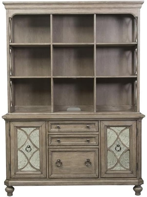 Bowery Hill Traditional Wood Credenza and Hutch Set, 76"H x 56"W x 22"D, Rubberwood and White Oak, Heathered Taupe Finish, Adjustable Shelves, Antique Brass Hardware, Office Storage and Organization