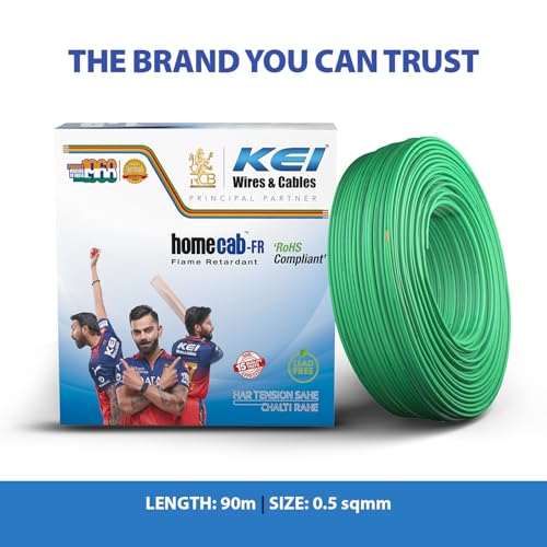 Image of KEI WIRES & CABLES Homecab 0.5 sqmm 1 Core Copper Flame Retardant House Wire PVC Insulated Cable for Domestic & Industrial Electrical Wiring (Green, 90 Meters)