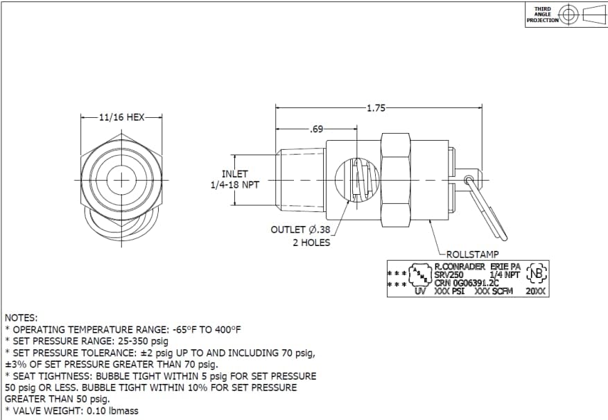 Brass, 1/4" NPT Soft Seat Safety Pressure Relief Valve, Made In The USA (35 PSI / 39 SCFM)