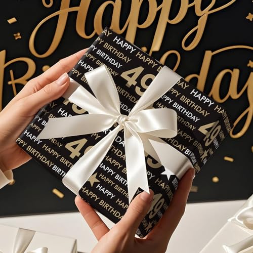 RUSPEPA Birthday Wrapping Paper Roll for Men Women - Mini Roll - 49 Happy Birthday Gift Paper, Black and Gold Star Wrap Paper for 49th Birthday, Party or Any Celebrations - 43.2cm x 5m - Image 3