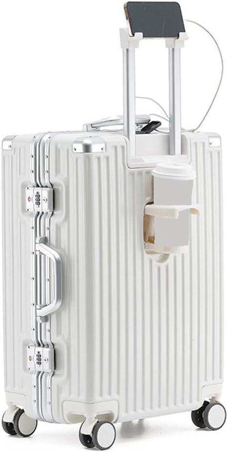 Aluminum Frame Hardside Luggage with USB Port and Cup Holder, Lightweight Suitcases with Wheels and TSA Lock, Travel Luggage Hard Shell Lightweight Rolling Suitcases for Men Women (24 inch, White)