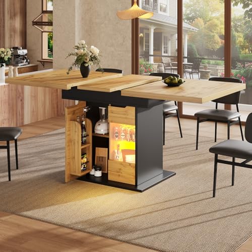 YEHTOKHOME Table à Manger Extensible 4-6 Personnes, Table de Cuisine Rectangulaire avec Rangement, Portes en Verre, Éclairage LED Intelligent, pour Petits Espaces,...