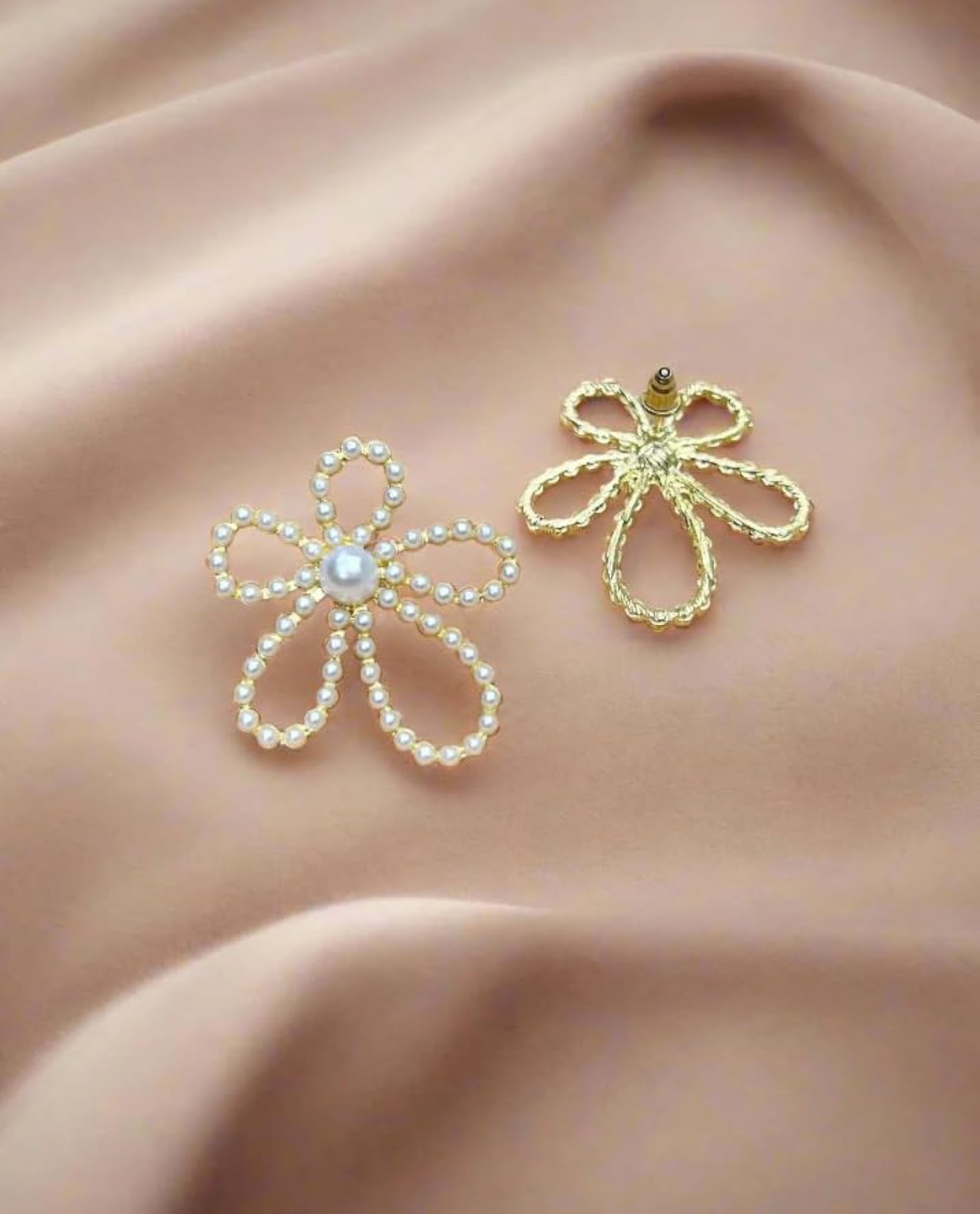 Women's Gold Plated Pearl Flower Stud Earrings