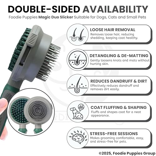 Image of Foodie Puppies Pet Self Cleaning Grooming Massager Slicker Brush for Dogs & Cats - (Magic Duo Slicker) Effortless Undercoat Removal, Stress-Relieving Massaging Tool, Ideal for Long & Short Hair