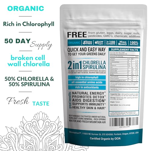 Chlorella Spirulina Powder Organic | Super Greens Powder and Smoothie Mix | Rich in Chlorophyll for Immune Support and Energy | Raw Vegan Protein | Spirulina Chlorella Powder | 50 Servings - Thumbnail 2