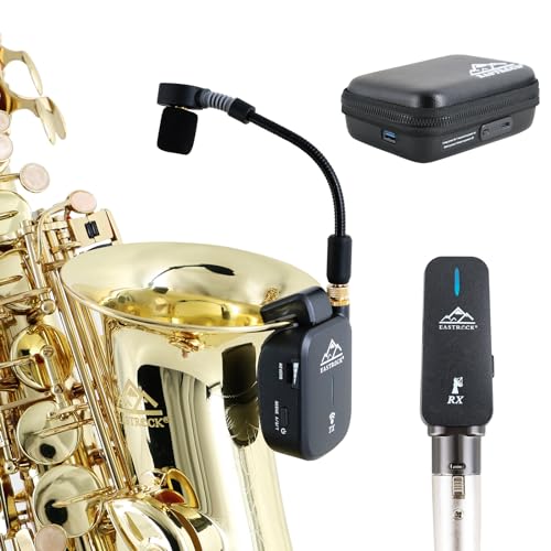 EASTROCK Saxophone Wireless System,Coverage to 130 ft/40 m,2.4 GHz Sax Microphone Wireless Receiver Transmitter Charging Case,Suitable for Recording/Monitor Headphones/Live/Reverb Control