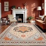 Macgace 5x7 Orange Beige Area Rug for Living Room, Machine Washable Rugs with Non-Slip Backing for Bedroom, Vintage Medallion Carpet Dining Room Office Kids Room Decor