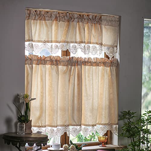 Sutavia Retro Kitchen Curtains Window Valance Set 3 Pieces Waterproof Champagne Jacquard Fabric With Embroidery Lace Natural Country Cafe Curtain Tiers & Valance Set For Kitchen Dining Room Bedroom  #TOP5