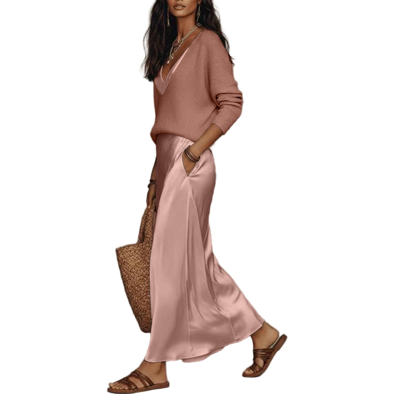 Robe Ete Femme Ensemble Deux Pièces Pull Tricot Col V Robe Longue Femme Ete Satin Fluide Robes Plage Cocktail Ceremonie Coupe Maxi Boheme pour Vacances Et Soiree