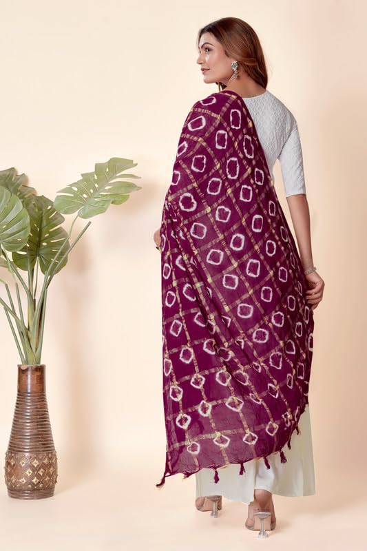 Image of Women Bandhani Dupatta | Traditional Chunri Print with Decorative Border | Lightweight Ethnic Stole for Festive and Wedding Wear