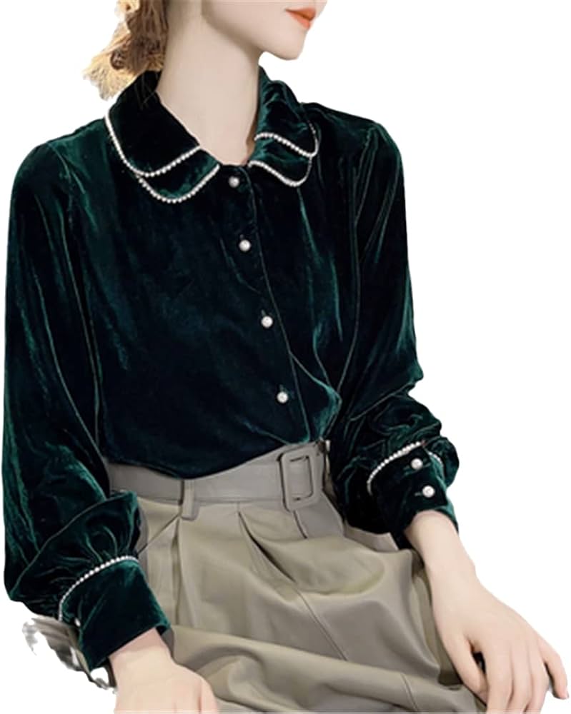 Amazon.co.jp: 春秋女性ビーディングブラックベルベットブラウスシャツ