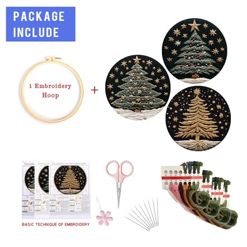 Image of EOBTAIN 3 Pcs Merry Christmas Embroidery Kit for Beginners,Green Gold Christmas Tree Embroidery Starter Kit Xmas Winter Snow Stamped Patterns with Hoop,Thread,Needles,Hand DIY Craft Kits for Adults