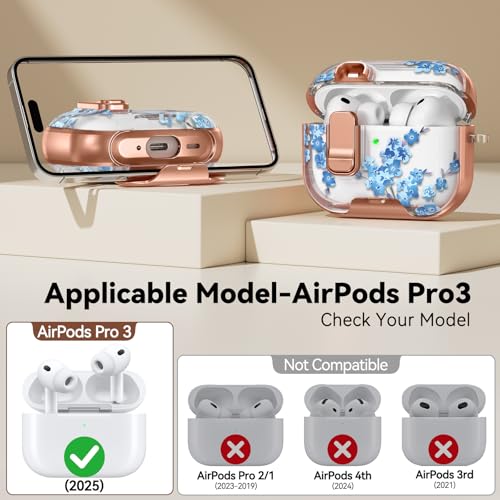Image of for AirPod Pro 3 Case 2025, with Safty Lock & Phone Stand for Floral AirPod Pro 3 Generation Case Cover for Women Girly, iPod Pro 3 Cases with Keychain & Cleaner Kit -Blue Bells Flower