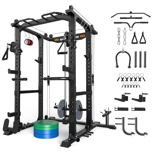 Sportsroyals Power Cage 1600lbs Power Rack with Adjustable Cable Crossover, Multi-Function Squat Rack with Pulley System and Training Attachments for