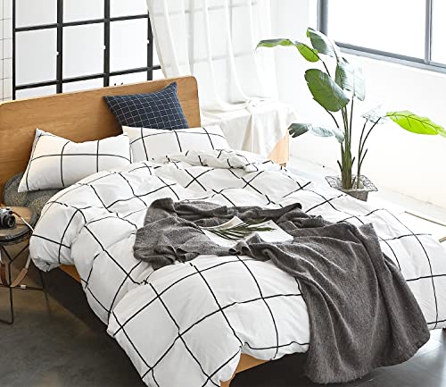 Image of KAREVER White Grid Comforter Set Bedding Set Cal King White Black Plaid Printed Stripes Women 3 PCs Checkered Bed Set