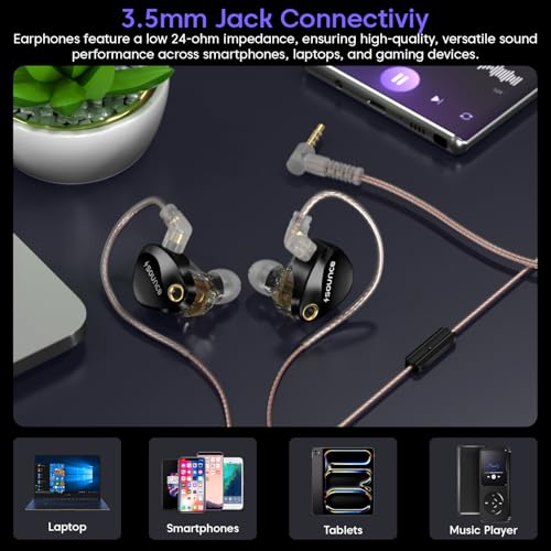 Image of Sounce Castro Pro Earphone IEM Dual 10mm Drivers Hi-Res Audio Harman Bass Enhanced 4-Level Tuning Switch Zinc Alloy Body OFC Flat Detachable 0.78mm Pin Cable 3.5mm Plug for Monitoring Pro Audio Black