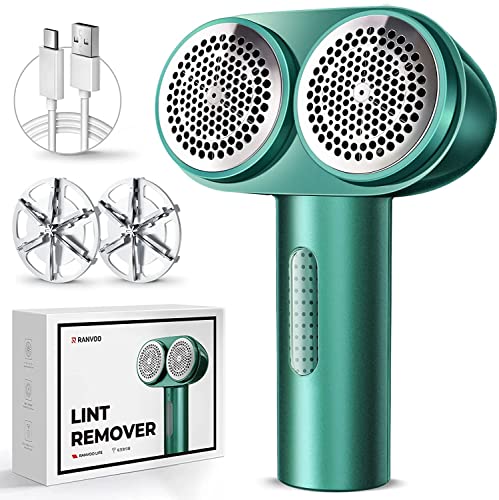 RANVOO Electric Lint Remover Shaver, 100% Remove Fuzz, Dual-Head Fabric Shaver with 2 Speeds, 2 Replaceable 6-Leaf Blades, Rechargeable Sweater Shaver for Clothes Bedding Furniture, Wild Green