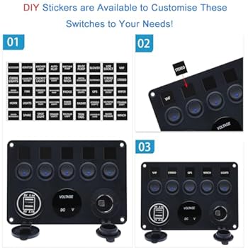 Panneau Interrupteur 5 Gang 12V/24V - USB, Voltmètre - Étanche IP65 - Voiture, Bateau