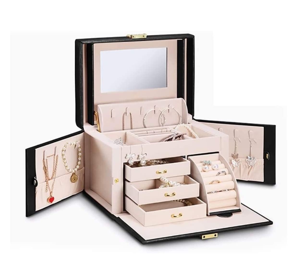 Caja De Joyería Joyero con Espejo Joyero Organizador De Gran Capacidad Portátil De Viaje Joyería Almacenamiento Anillo Collar Vitrina Organizador De Joyas(Black)