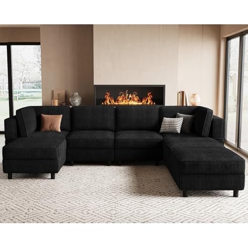 Belffin 114.2" Modular Sectional Sofa Corduroy 7 Seats U Shaped Sofa Couch Upholstered Sectional Couches for Living Room,Black 114.2"-7 seat U Shaped-