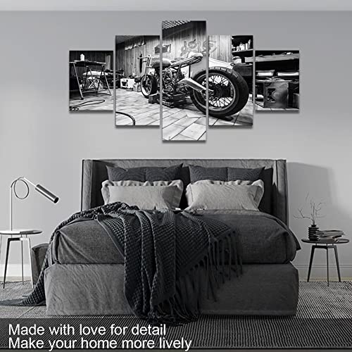 Vintage Motorcycle Workshop Bedroom Canvas Wall Art For Living Room Home Decor Hd Print Pictures Paintings Posters Artwork Room Decor Framed 5 Pcs Gifts Black And White (60" Wx32 H) #TOP4