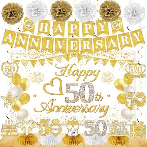 Turypaty Happy 50th Anniversary Decorations Kit, White Gold 50th Wedding Anniversary Party Supplies - Large Happy 50th Anniversary Banner Backdrop, Table Centerpieces, Hanging Swirls, Paper Pompoms