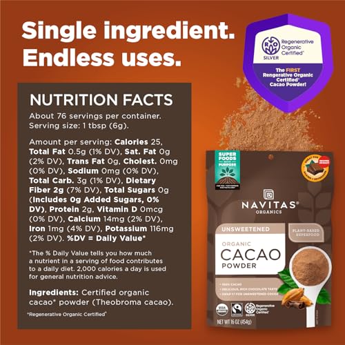 Image of Navitas Organics Cacao Powder - Cocoa Powder Substitute 1:1, For Hot Chocolate, Baking & More - Regenerative Organic Certified, Non GMO, Fairtrade, Gluten Free, Non-alkalized (16oz. Bag, 76 Servings)