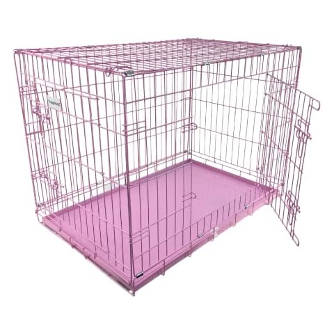 HugglePets Pink Dog Puppy Cage Metal Tray 2 Doors Dual Locks Foldable Carry Handle Lightweight (Large) Cover