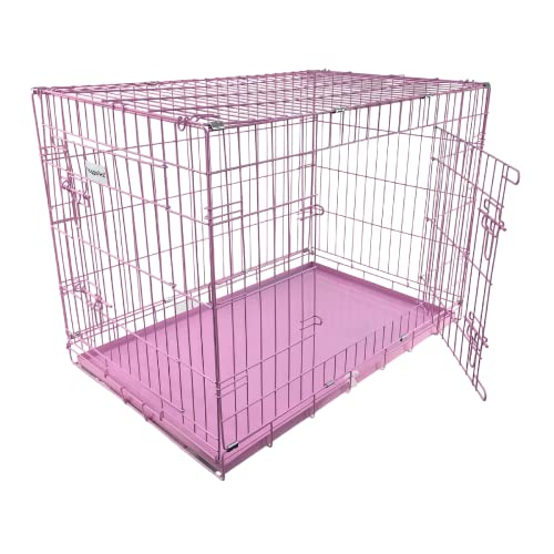 HugglePets Large Foldable Dog Crate - Pink (Large 91 x 61cm) Lockable Stainless Steel Double Door Cage for Dogs with Slide Out Metal Tray & Detachable Carry Handle Ideal for Home & Travel.