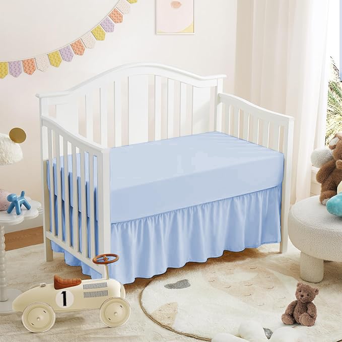 Image of Mini Crib Ruffle Bed Skirt (24” x 38”) with 10” Inch Drop Dust Ruffle for Baby Boys or Girls Nursery Crib Toddler Bed Skirt Microfiber Fabric - Light Blue Solid
