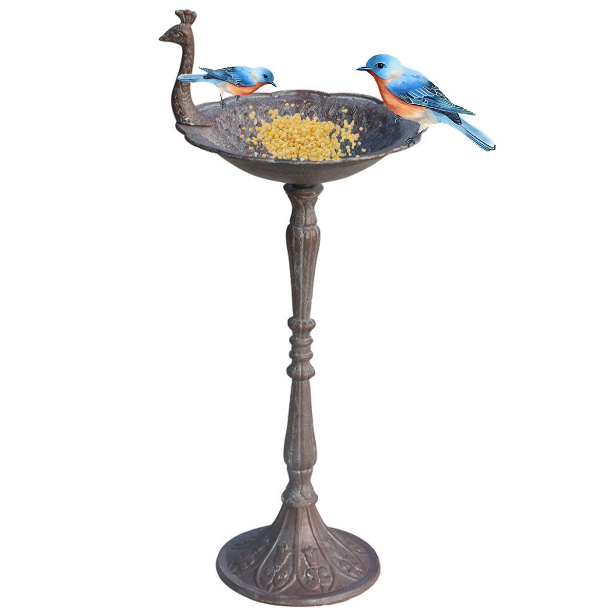 TentHome - Comedero y Bebedero para Pájaros en Forma de Pavo Real, Hierro Fundido, para Baño de Pájaros, Jardín Exterior, Marrón Envejecido